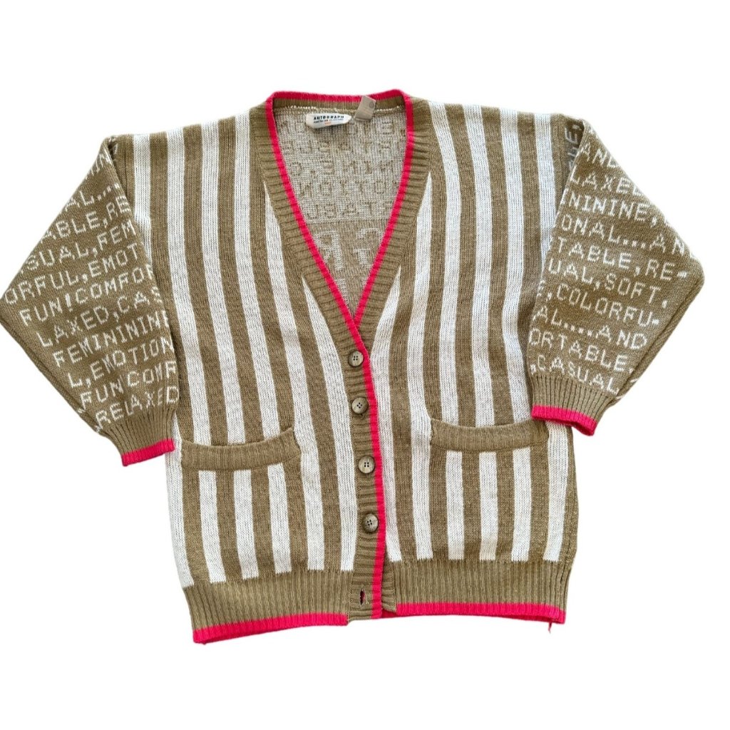 Vintage Autograph American Clothing Stripe Typography Cardigan Sweater Pink Tan